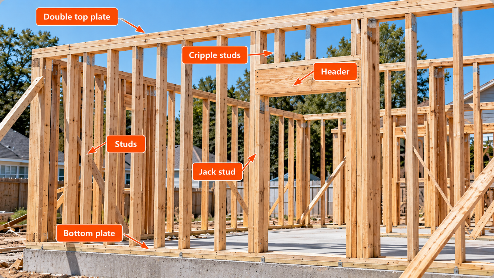 DUnfinished residential wood-framed wall showing labeled studs, double top plate, bottom plate, header, jack stud and cripple studs before sheathing installation.