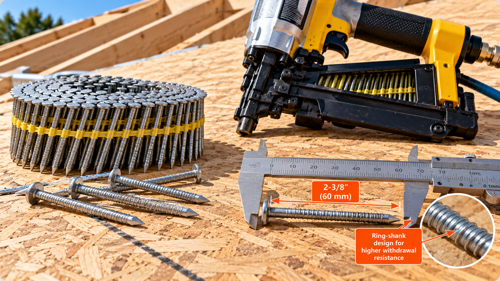 Ring-shank construction nails, collated nail strips, pneumatic framing nailer, and caliper displayed on OSB roof sheathing, with a labeled 2-3/8-inch nail length.