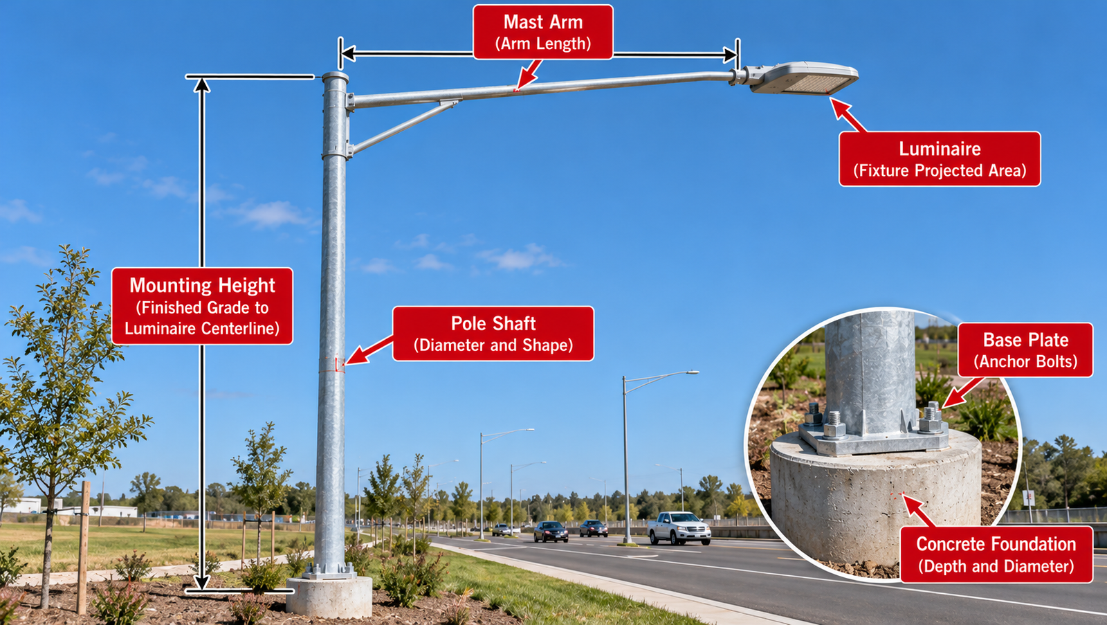 Roadway lighting pole showing LED luminaire, mast arm, mounting height, pole shaft, anchor bolts, and concrete foundation.