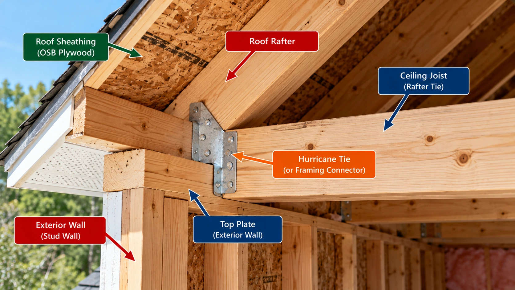 Residential wood roof framing showing a roof rafter, ceiling joist, metal hurricane tie connector, exterior wall top plate, roof sheathing, and supporting stud wall.
