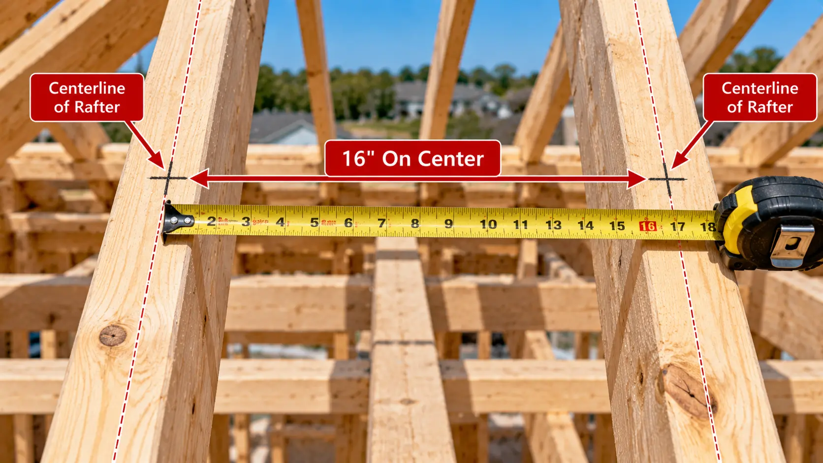 Wood roof framing with a tape measure illustrating 16-inch on-center rafter spacing between marked centerlines of adjacent rafters.