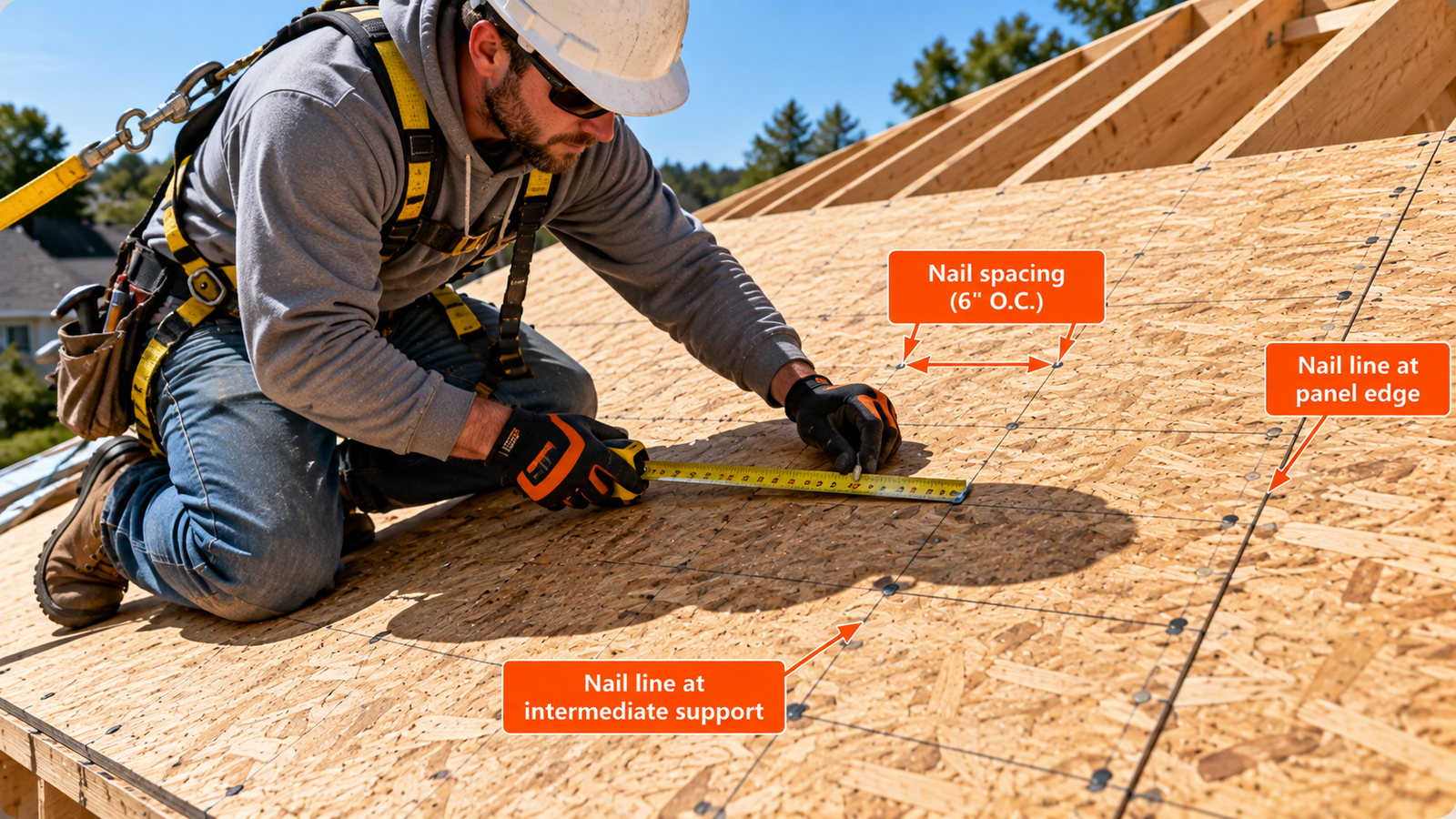Roofer measuring nail spacing on OSB roof sheathing with a tape measure, showing labeled 6-inch on-center spacing, panel-edge nail lines, and intermediate support nail lines.