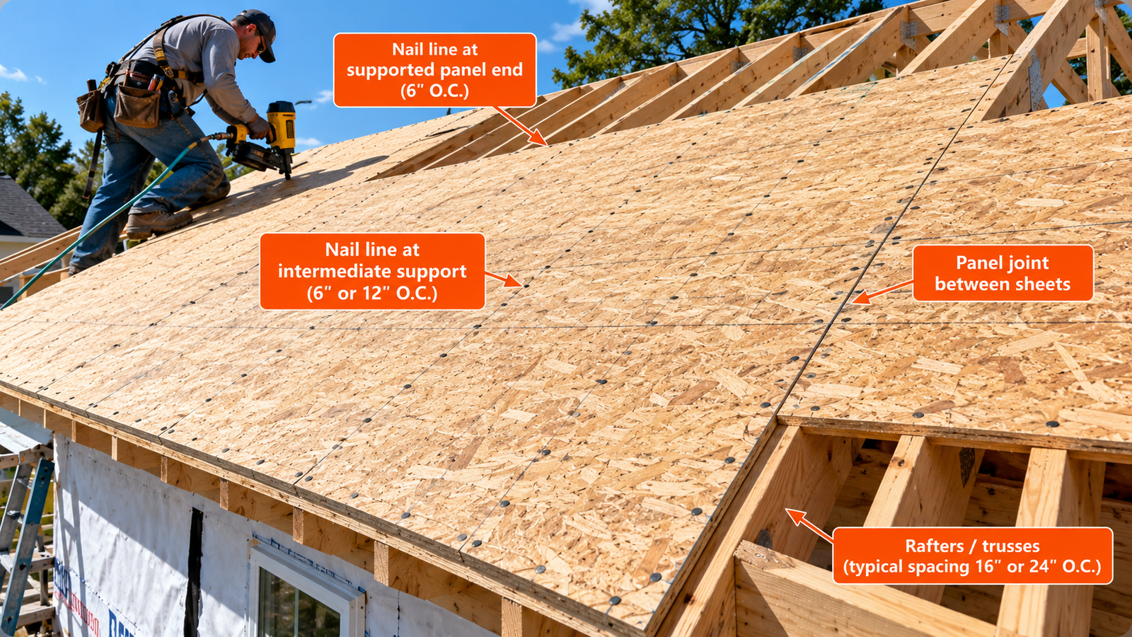 Carpenter fastening OSB roof sheathing to wood framing, showing nail rows along supported panel ends and intermediate supports, with panel joints visible.