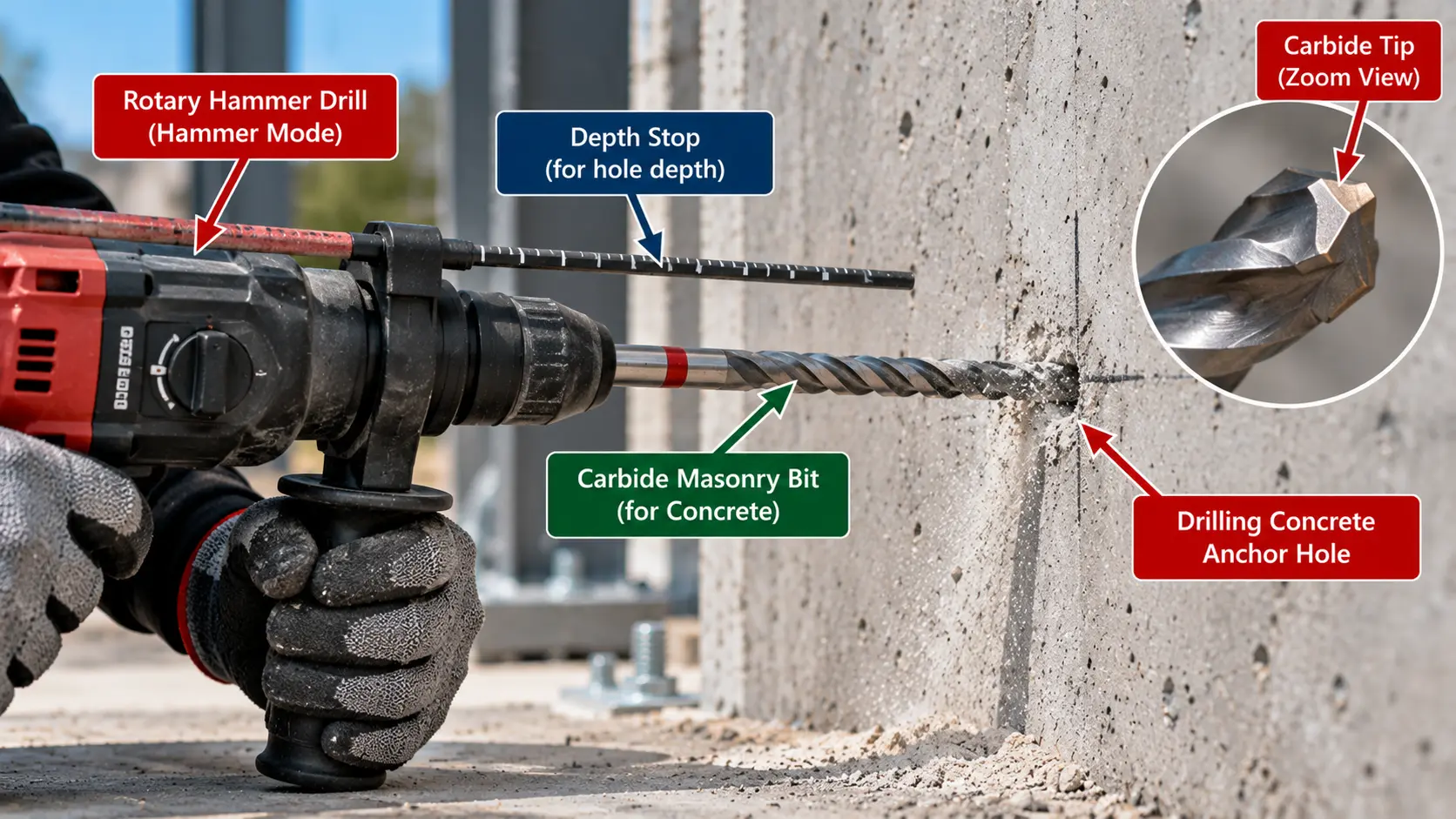 Construction worker drilling a concrete anchor hole using a rotary hammer drill with a carbide-tipped masonry bit, depth stop rod, and close-up view of the carbide drill tip.