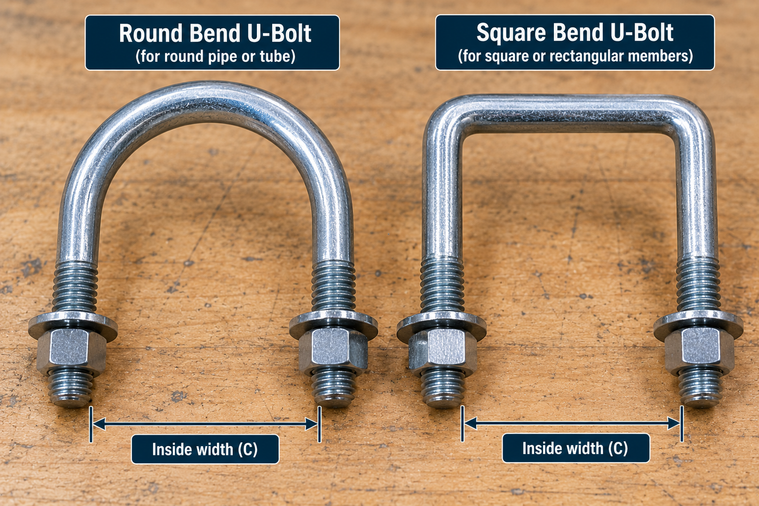 Round-bend and square-bend steel U-bolts displayed side by side with threaded legs, nuts, washers, and arrows indicating inside width (C).