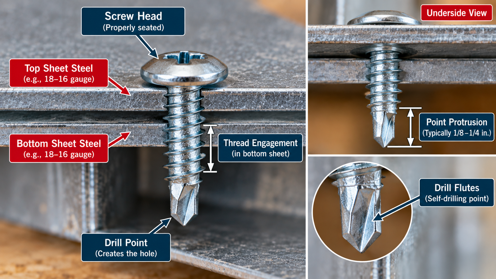 Self-drilling screw installed through two steel sheets showing the screw head, drill point, drill flutes, thread engagement, and point protrusion below the steel.