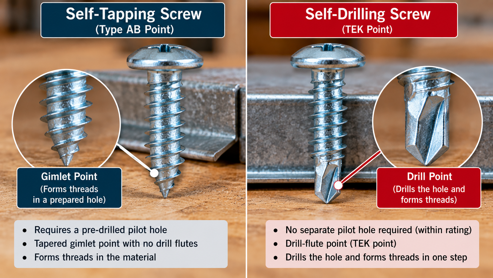 Side-by-side comparison of a self-tapping screw with a Type AB gimlet point and a self-drilling screw with a TEK drill point, showing the difference in screw tips and pilot-hole requirements.