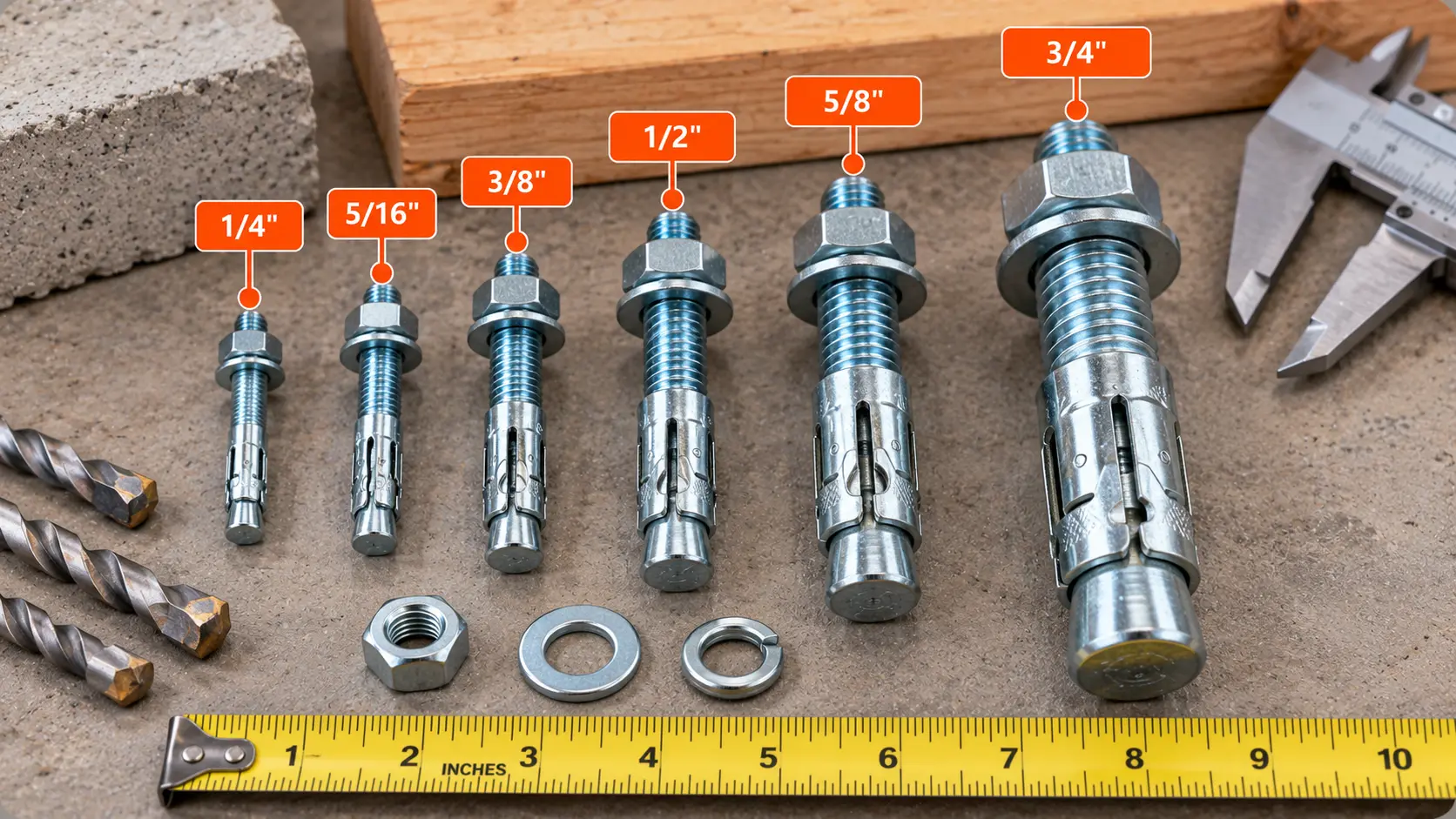 Six sleeve anchors of different nominal sizes arranged on a workbench, showing threaded studs, hex nuts, washers, expansion sleeves and tapered ends alongside a ruler and caliper.