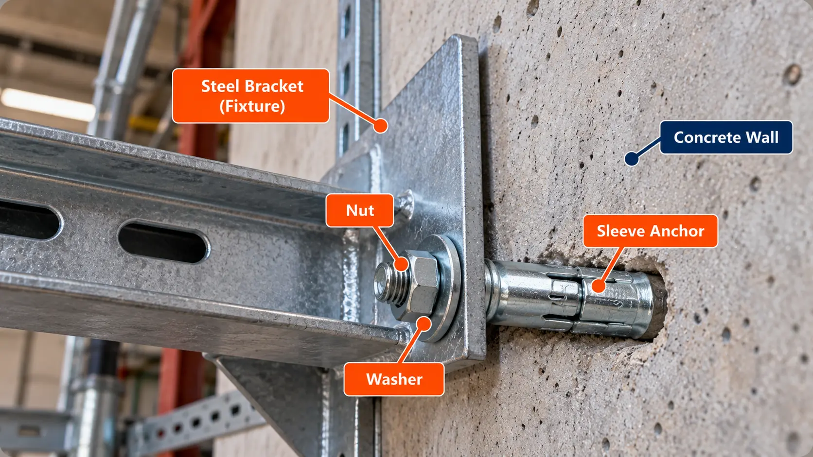 Close-up illustration of a metal sleeve anchor securing a galvanized steel bracket to a concrete wall, showing the anchor sleeve, nut, and washer.