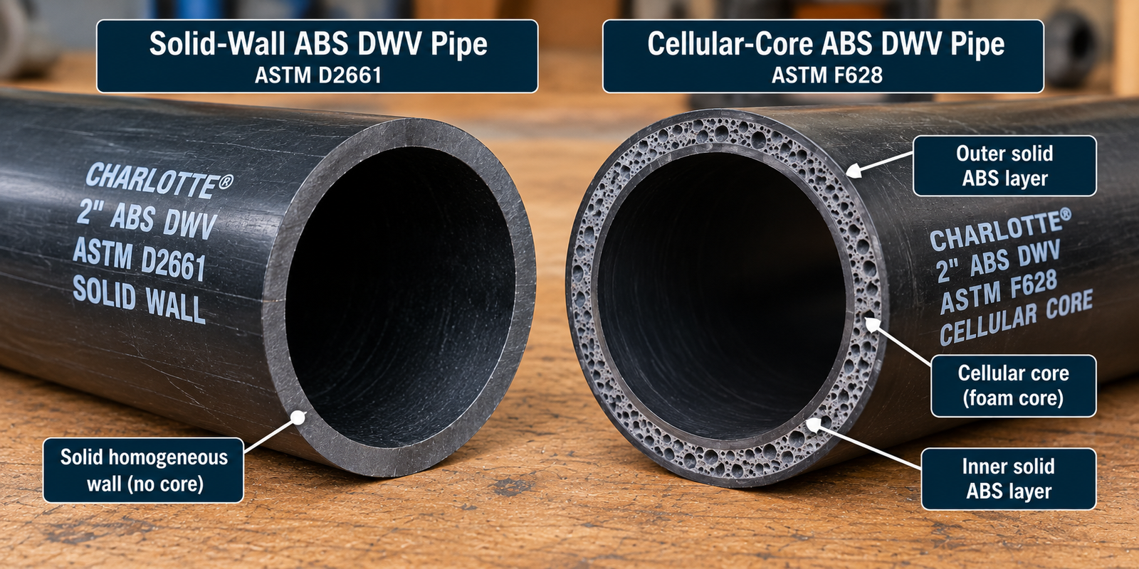 Cross-section comparison of 2-inch solid-wall ABS DWV pipe and cellular-core ABS pipe, showing the homogeneous wall and foam core between solid inner and outer layers.