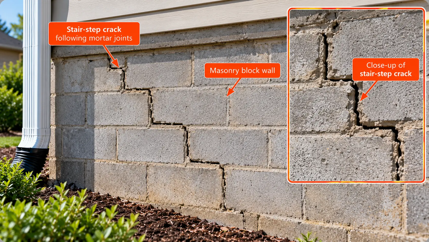 Stair-step foundation crack following mortar joints in an exterior concrete block wall, with an inset showing a close-up of the damaged masonry.