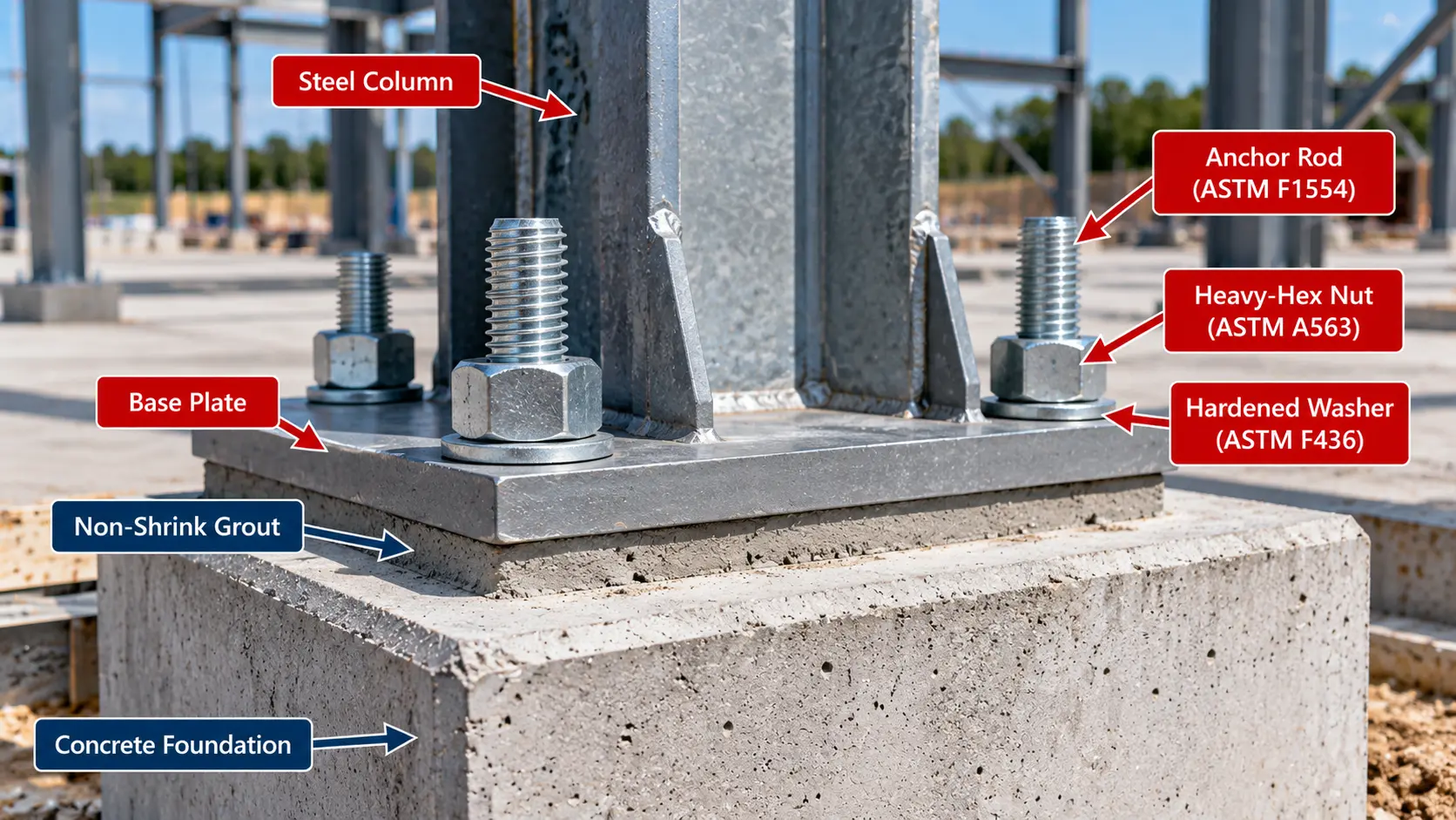 Structural steel column secured to a concrete foundation with a steel base plate, ASTM F1554 anchor rods, ASTM A563 heavy hex nuts, ASTM F436 hardened washers, and non-shrink grout.