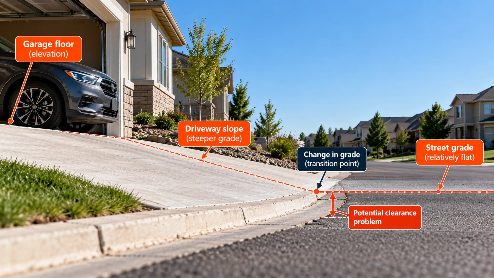 Steep concrete residential driveway descending from a garage to a relatively flat street, with labels identifying driveway slope, grade transition, and potential vehicle clearance problems.