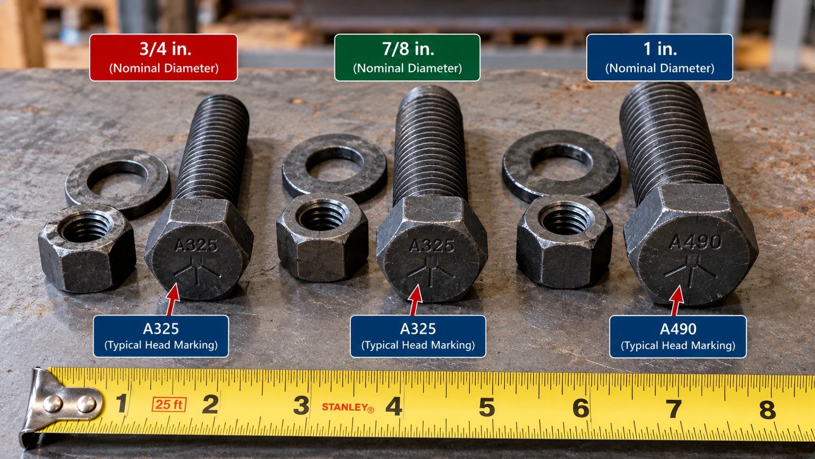 Three heavy-hex structural bolts labeled 3/4, 7/8 and 1 inch, with A325 and A490 head markings, matching nuts, washers and a measuring tape.