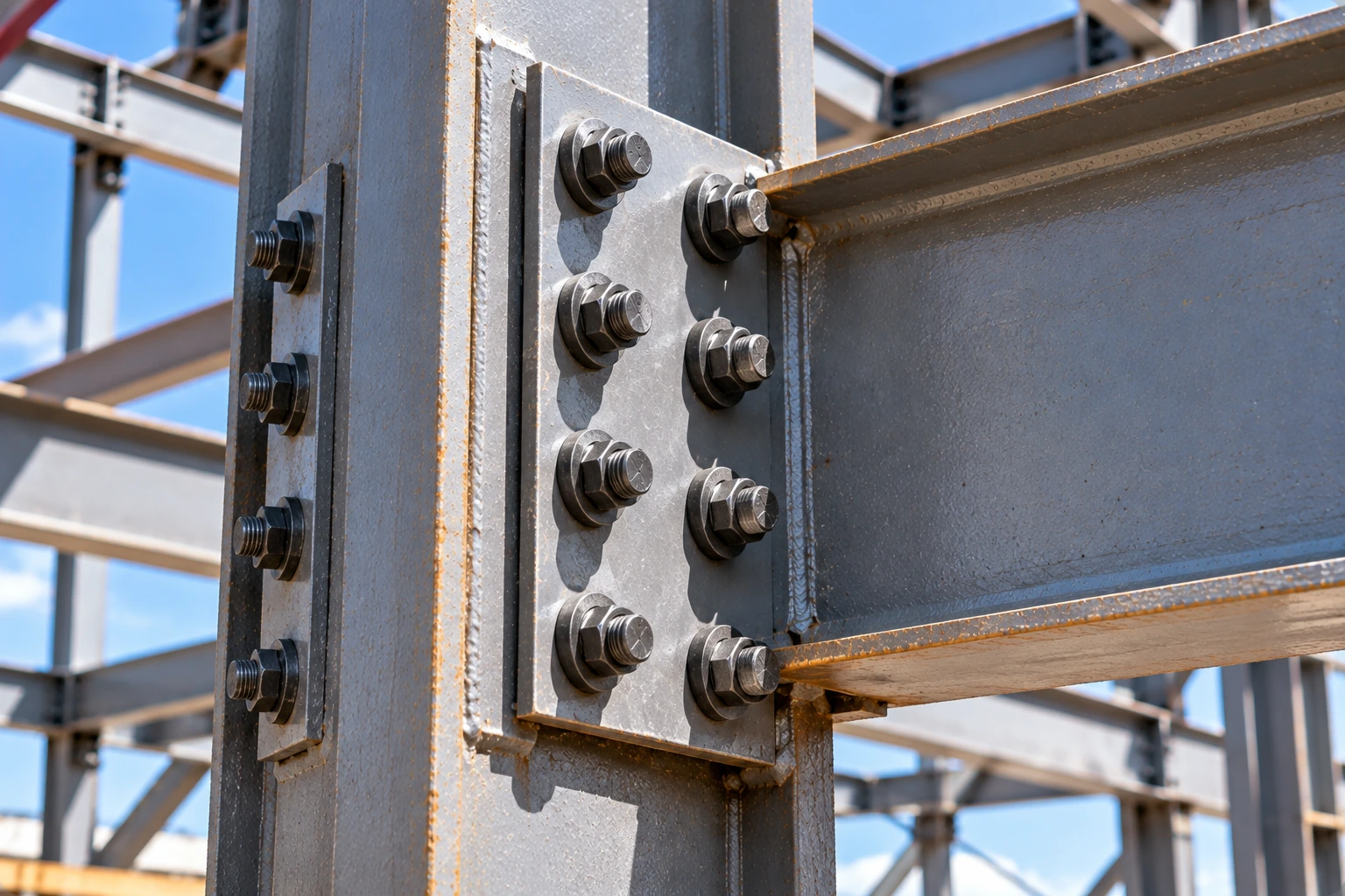 Close-up of a structural steel I-beam connected to a steel column with a bolted connection plate, eight heavy-hex nuts, and washers.