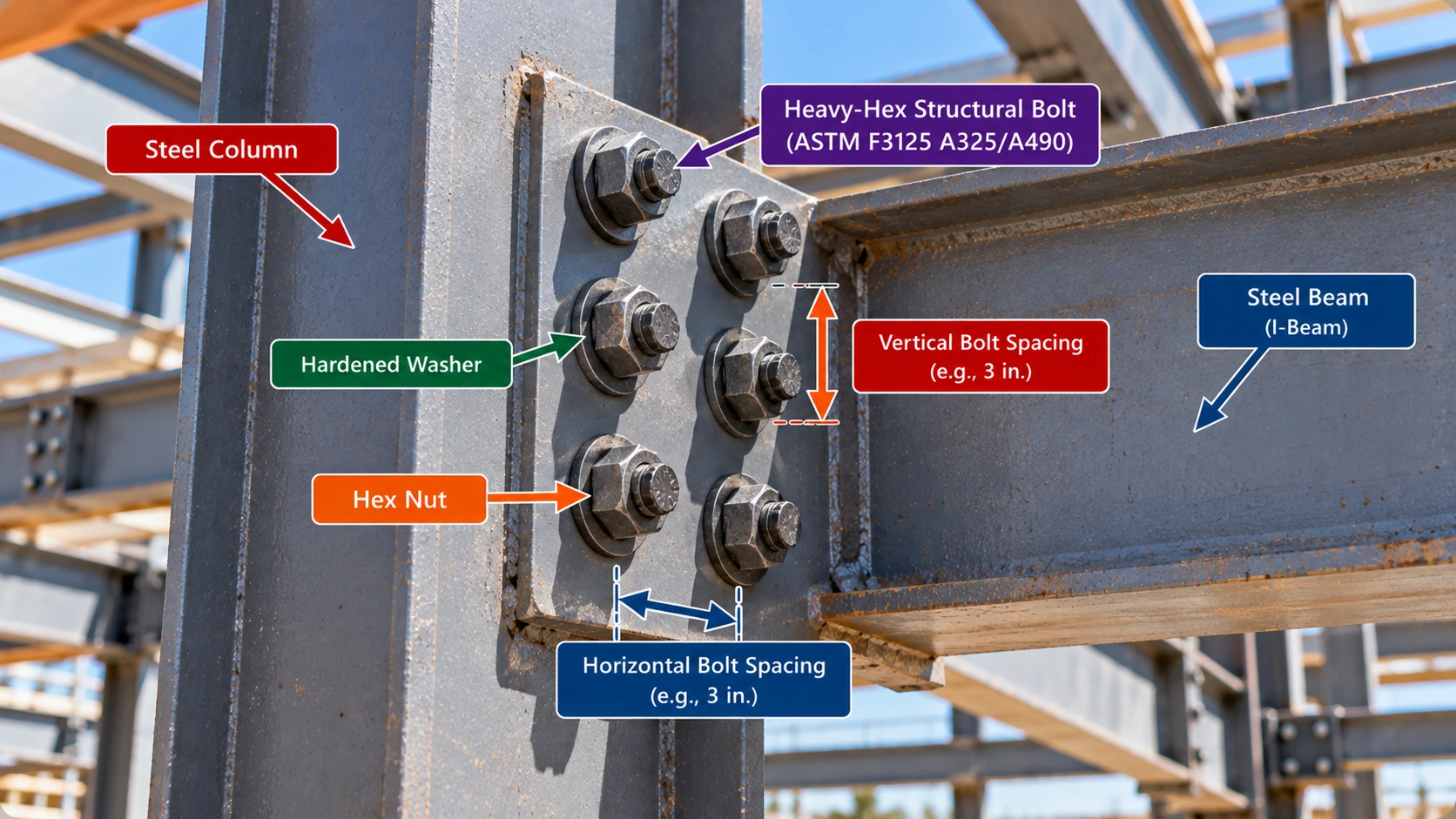 Steel beam-to-column connection with six structural bolts, hardened washers, hex nuts, and labeled horizontal and vertical bolt spacing.