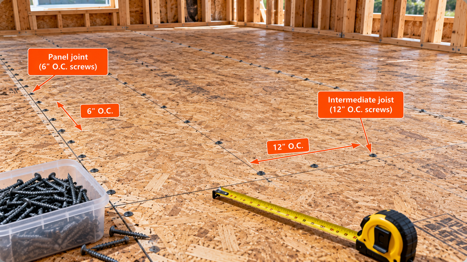 OSB subfloor with visible screw rows, panel joints and a tape measure, illustrating 6-inch spacing at supported panel ends and 12-inch spacing along intermediate joists.