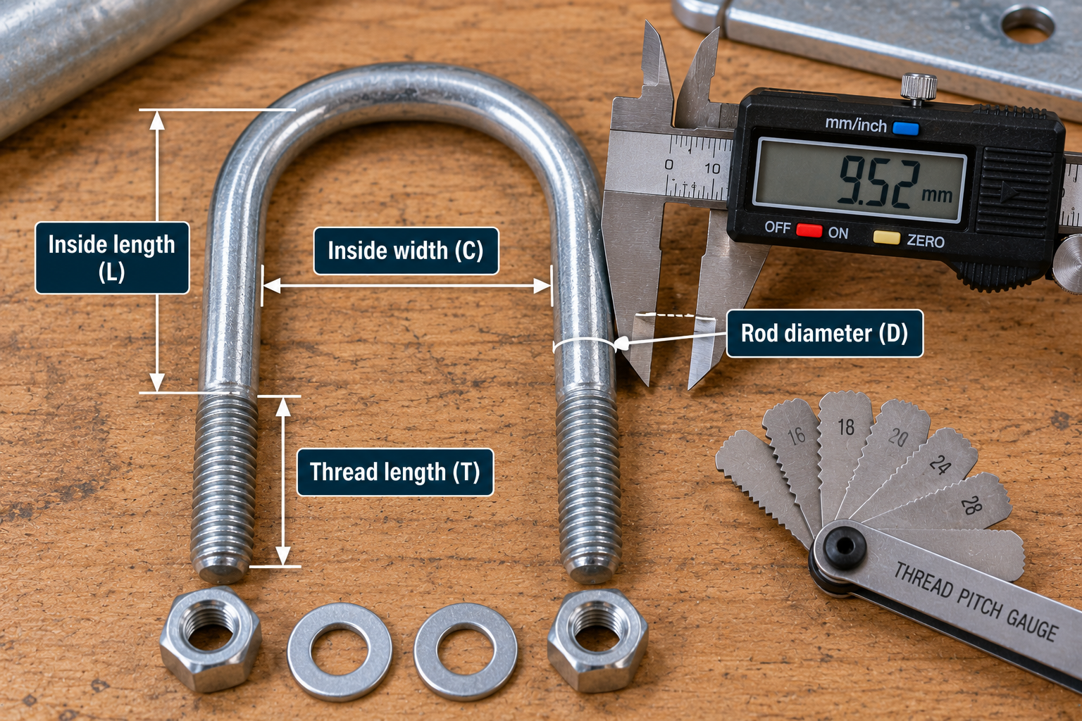 Steel U-bolt with labeled inside length, inside width, rod diameter, and thread length, alongside a digital caliper displaying 9.52 mm.