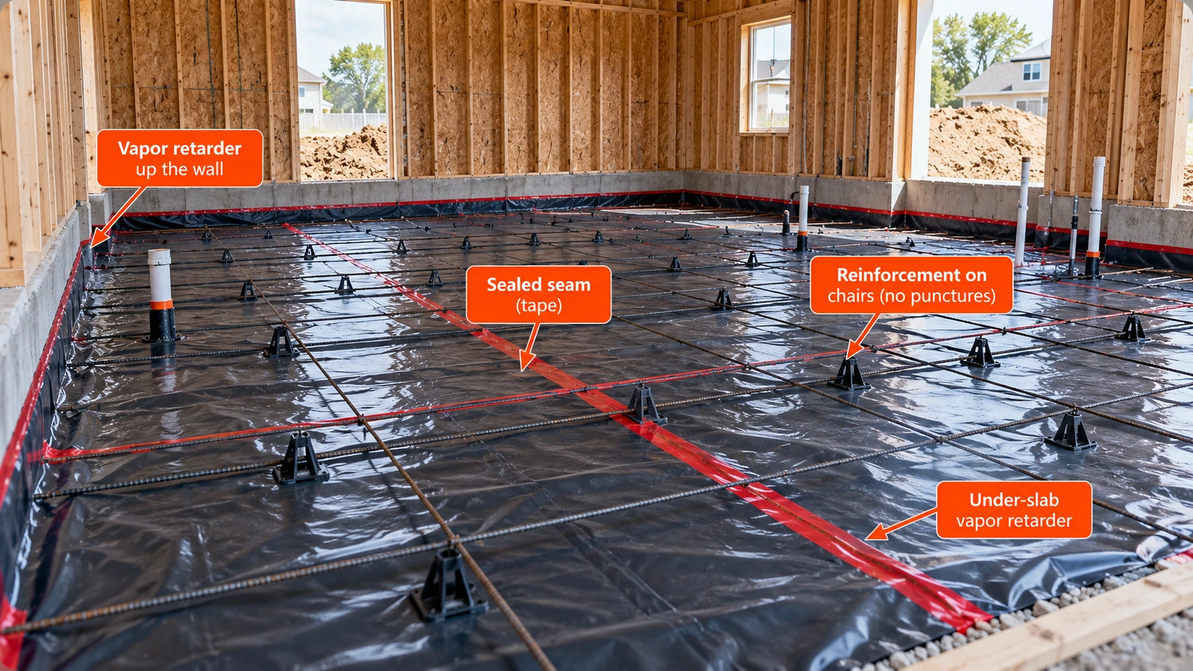 Interior slab foundation with black vapor-retarder sheeting, red taped seams, perimeter turn-ups, plumbing pipes and reinforcement supported on chairs before concrete placement.