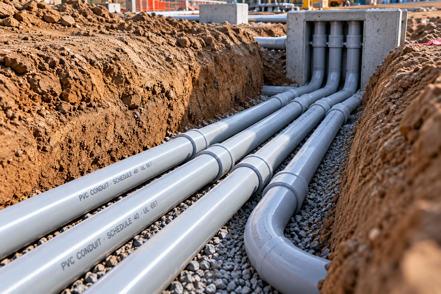 Multiple gray Schedule 40 PVC electrical conduits installed in a gravel-lined underground trench and connected to a concrete utility enclosure.