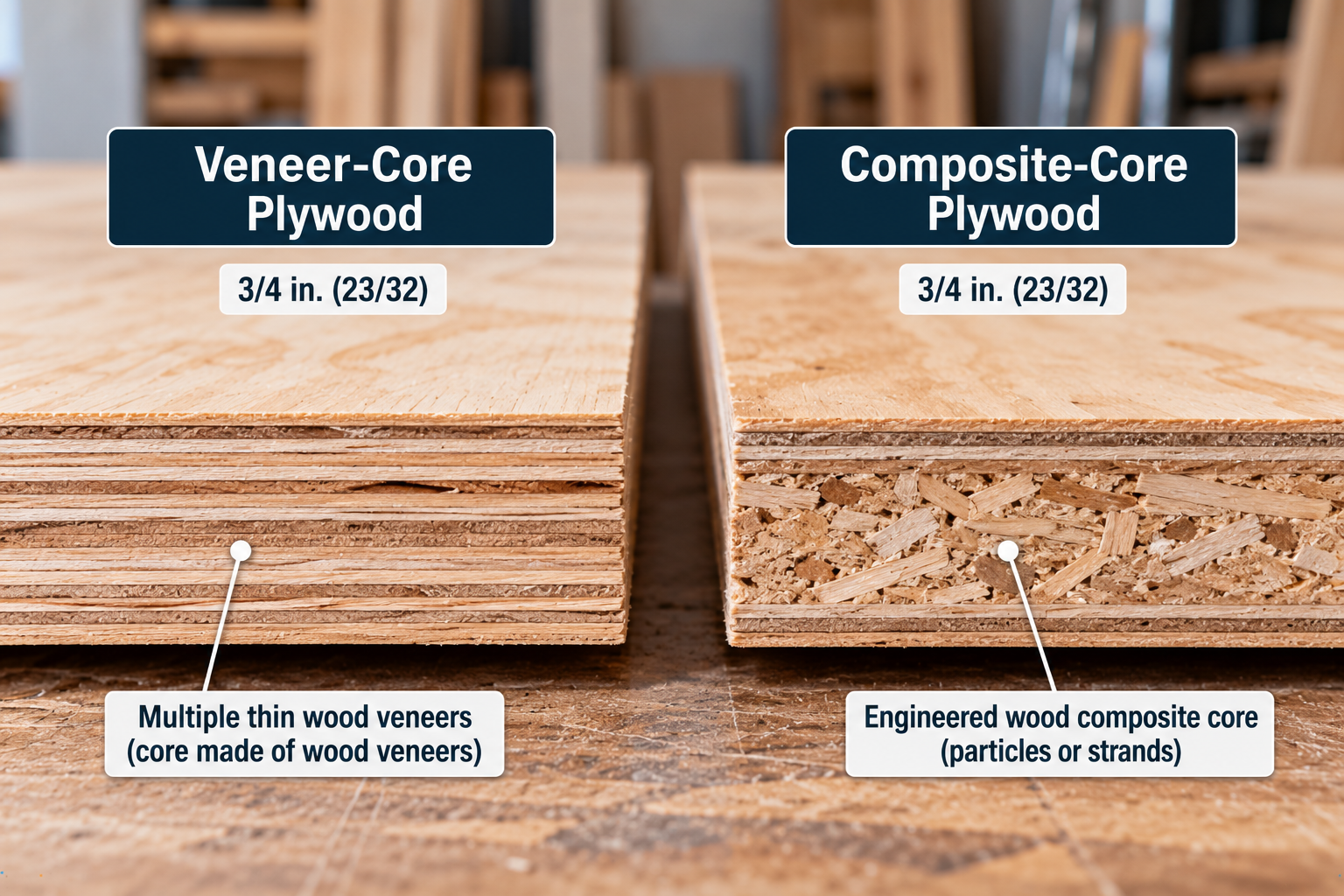 Side-by-side comparison of 3/4-inch veneer-core plywood and composite-core plywood showing their different internal constructions.