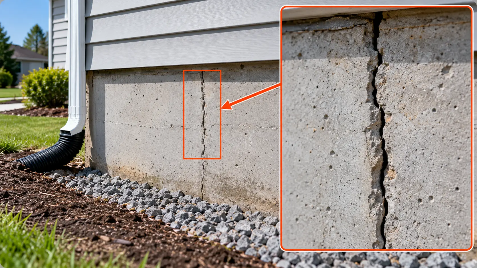 Exterior concrete foundation wall with a vertical crack highlighted in orange and a magnified close-up showing the crack's irregular edges and concrete texture.