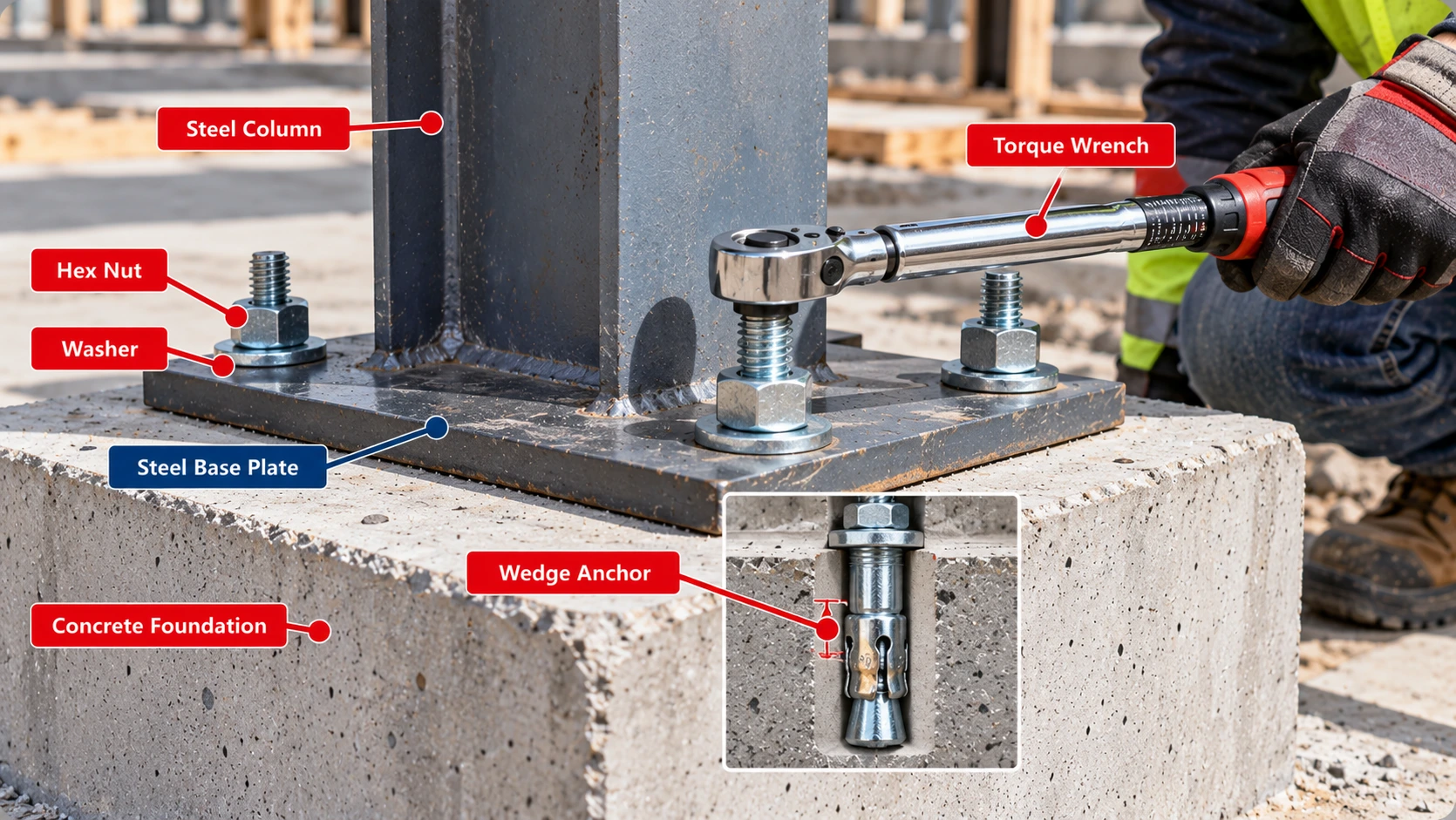 Worker using a torque wrench on an anchor nut at a steel column base plate secured to a concrete foundation, with a cutaway showing a wedge anchor.