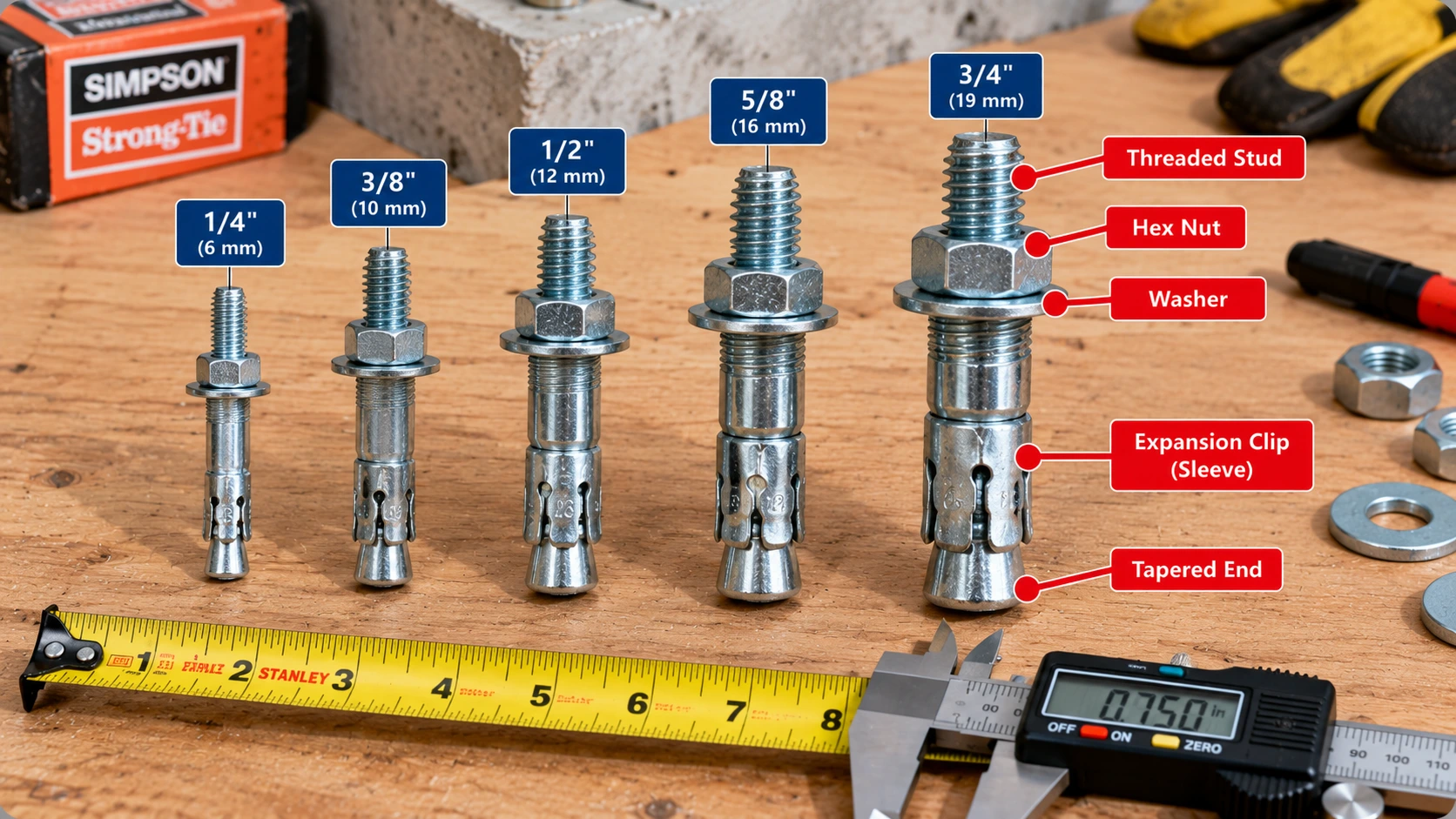 Five concrete wedge anchors of different sizes arranged on a workbench, showing threaded studs, hex nuts, washers, expansion clips and tapered ends beside measuring tools.
