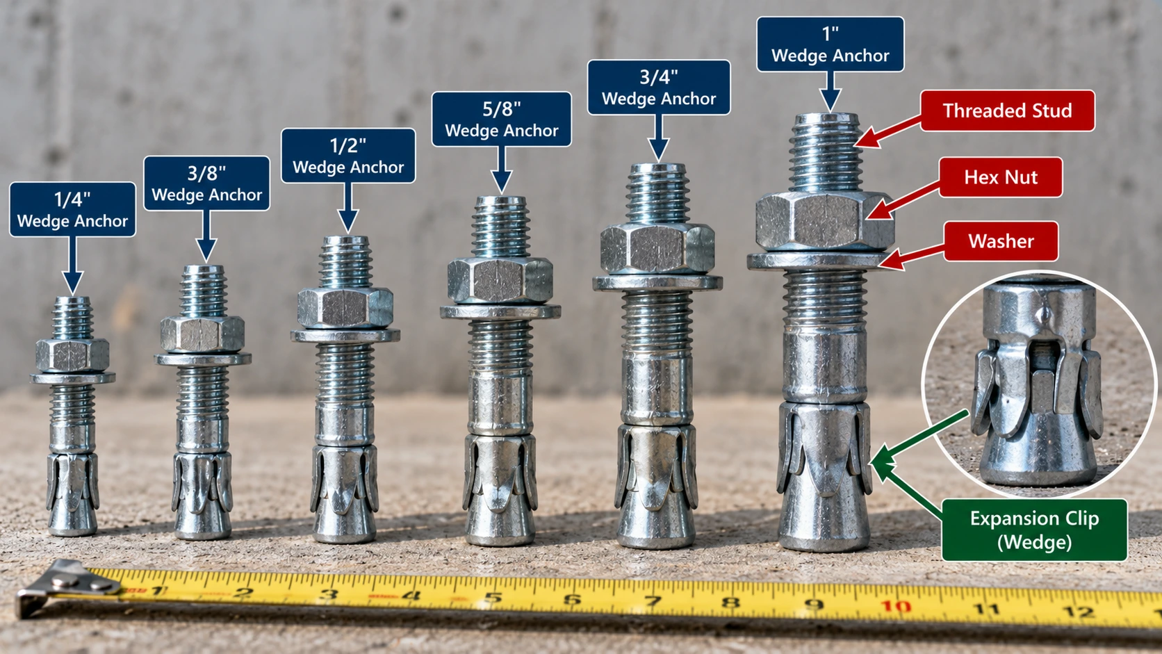 Six concrete wedge anchors arranged by nominal diameter from 1/4 to 1 inch, showing threaded studs, hex nuts, washers, and expansion clips.