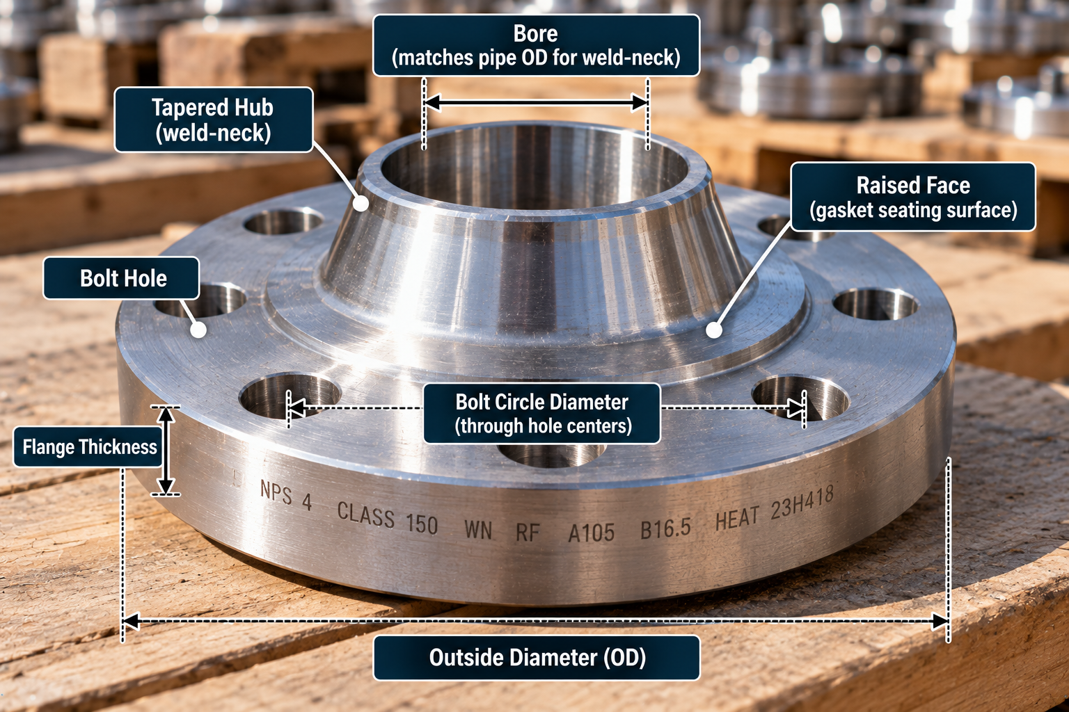 Steel weld-neck pipe flange with labeled outside diameter, bore, tapered hub, raised face, bolt holes, bolt circle diameter, and flange thickness.