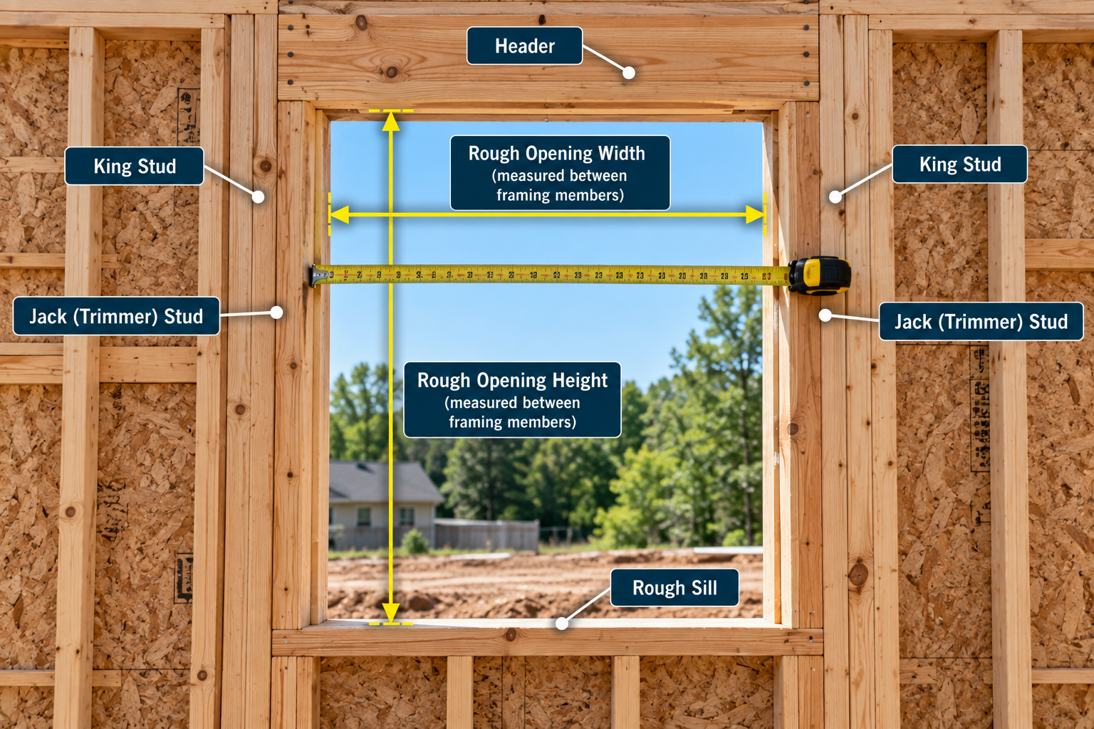 Wood-framed window rough opening showing the header, king studs, jack studs, rough sill, and measurement arrows indicating the opening width and height.
