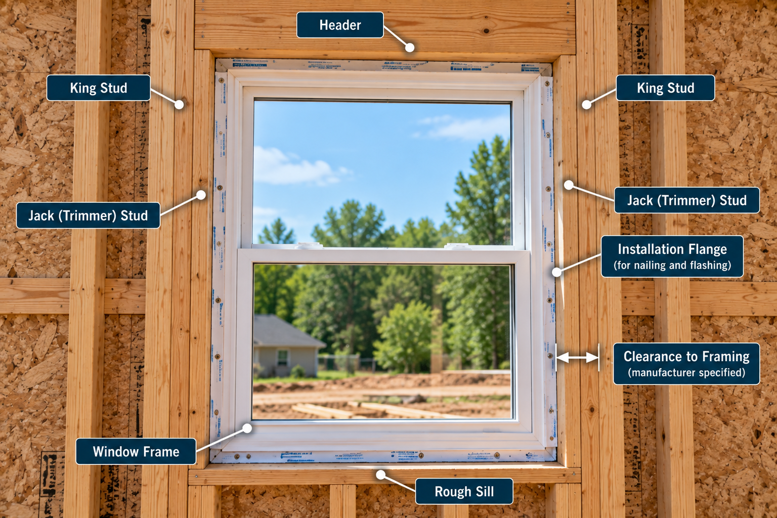 White vinyl window installed in a wood-framed opening with labeled header, king studs, jack studs, rough sill, installation flange, and framing clearance.