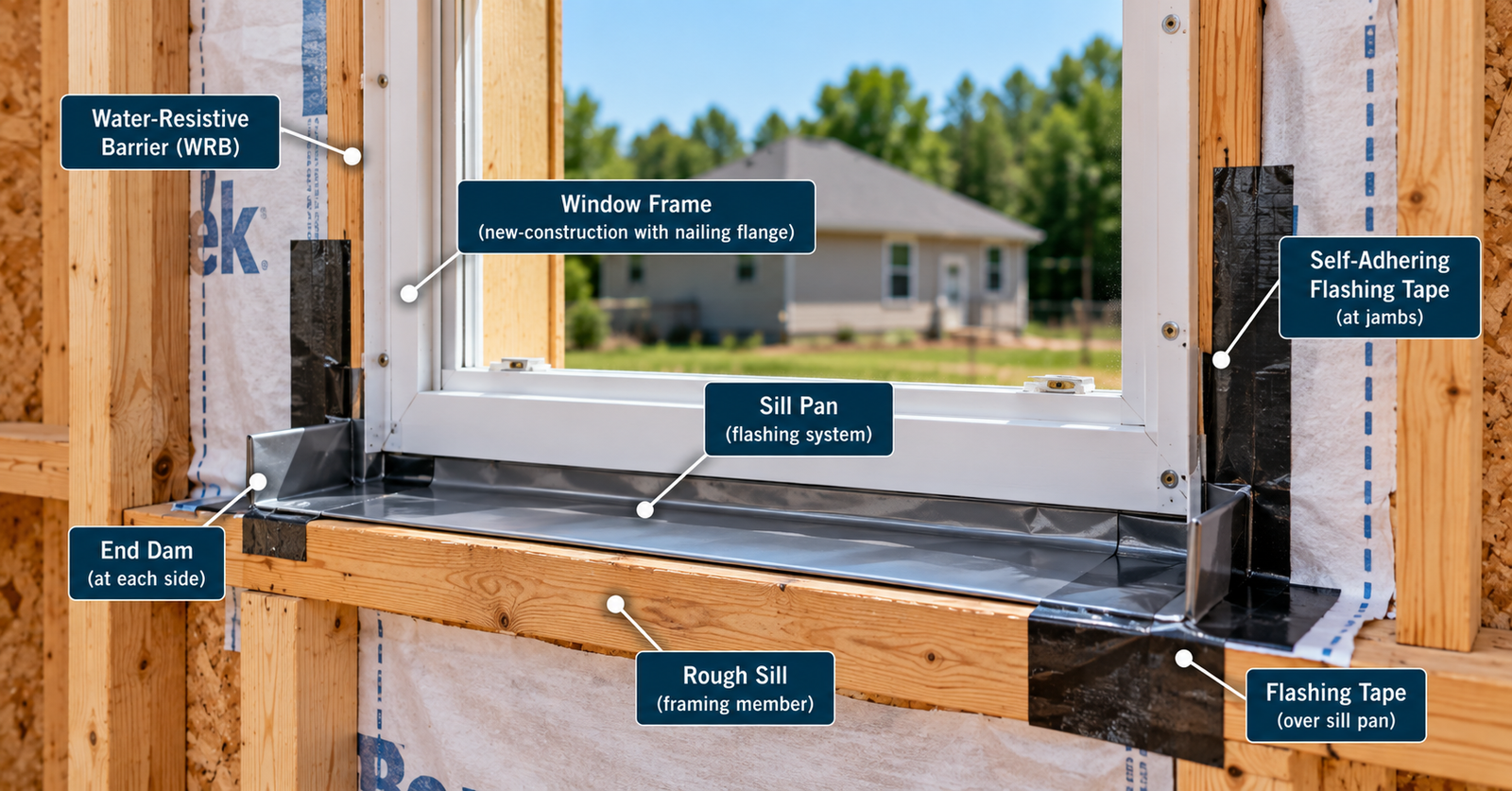 Window rough opening with a metal sill pan, raised end dams, self-adhering flashing tape, water-resistive barrier, and white window frame.