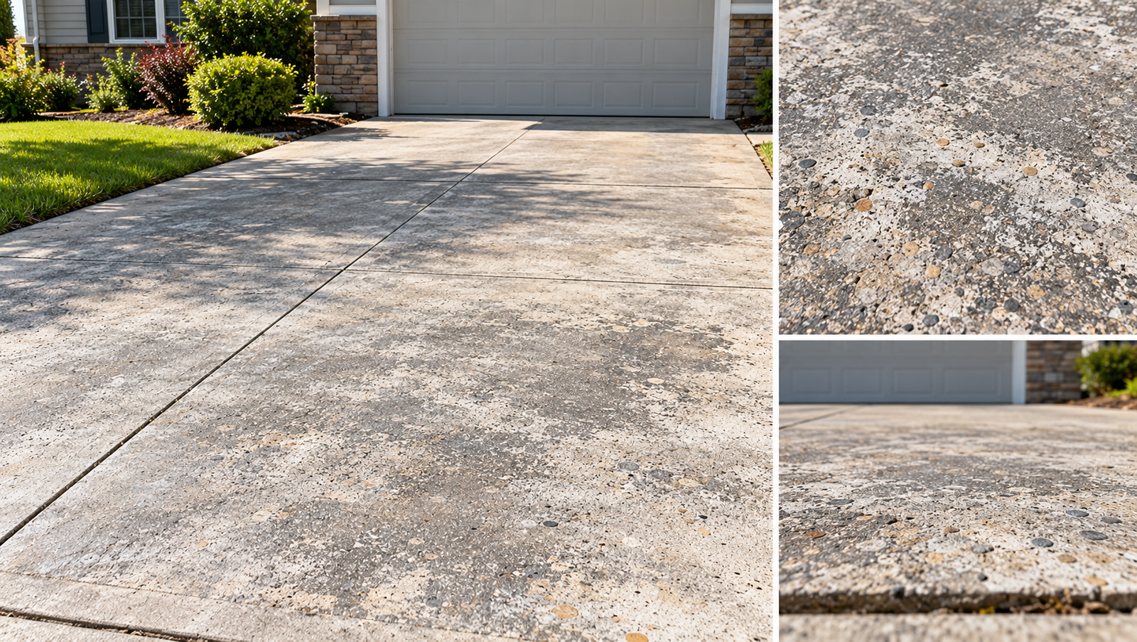 Wide view and close-up of an aging residential concrete driveway showing surface discoloration, light pitting and exposed aggregate without obvious major settlement.
