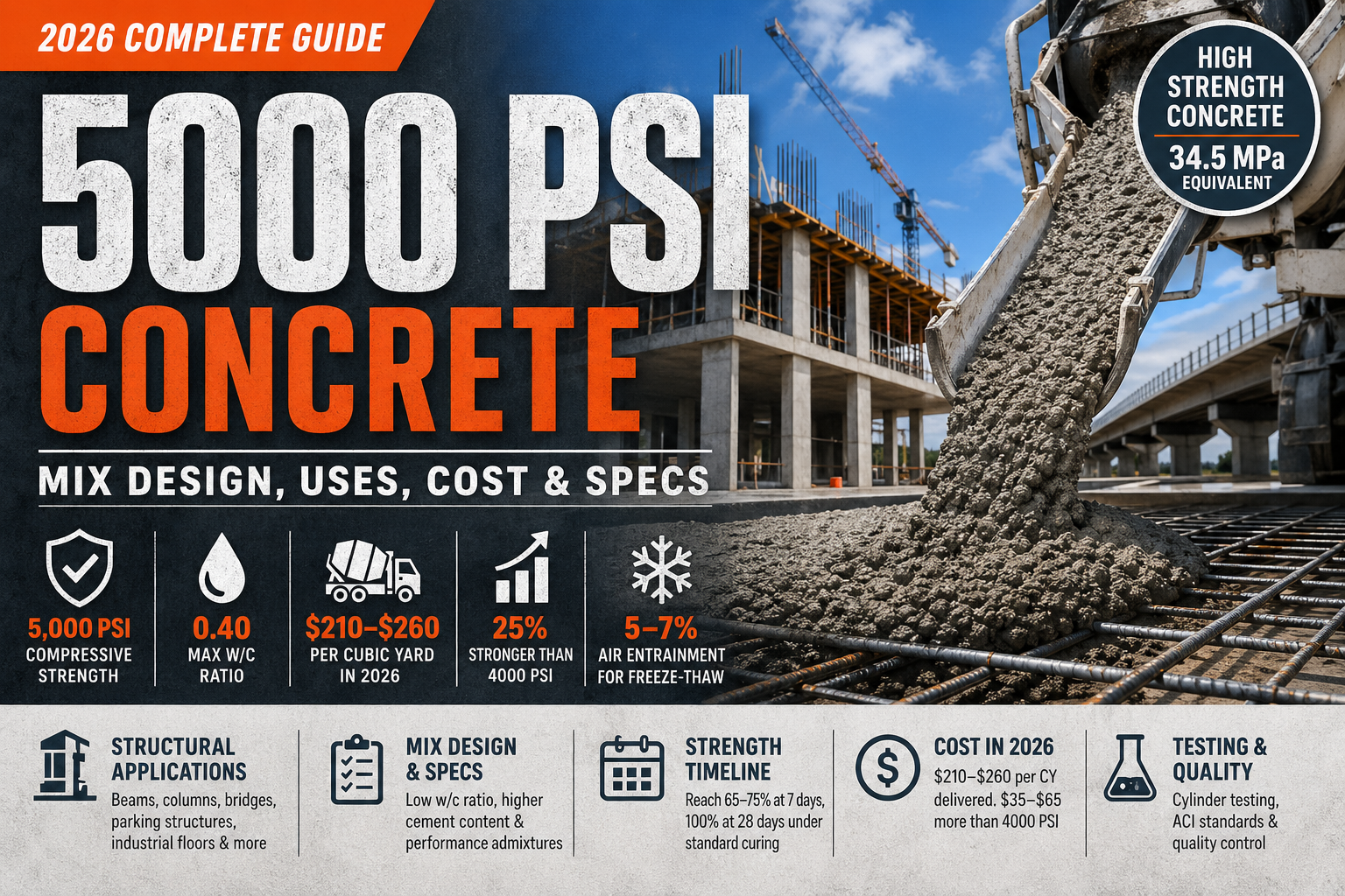 5000 PSI Concrete Guide 2026: Mix Design, Uses, Cost & Specs
