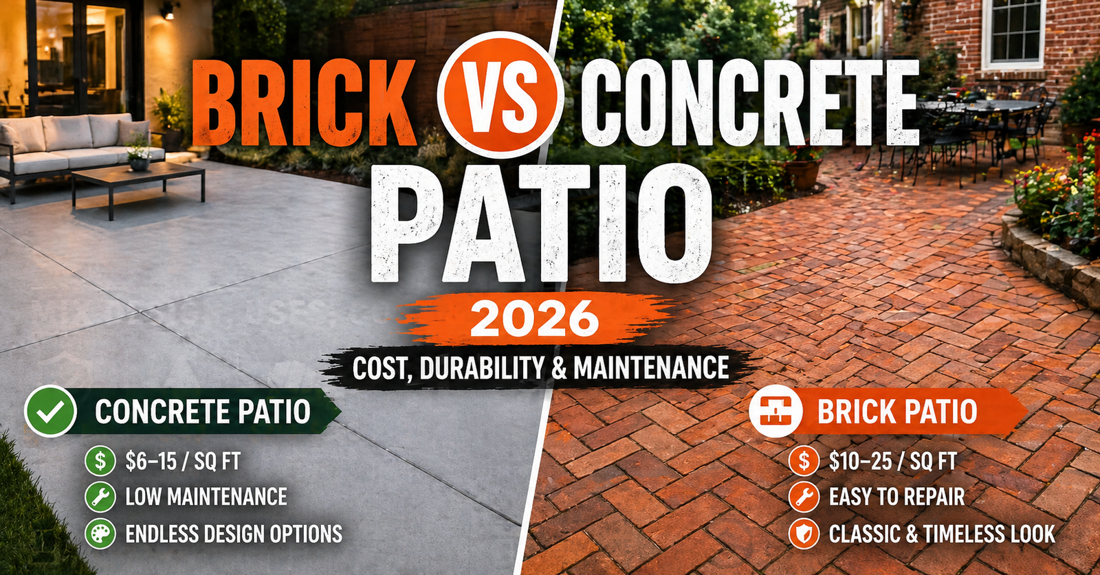 Brick vs Concrete Patio 2026: Cost, Durability, Maintenance & Which Wins