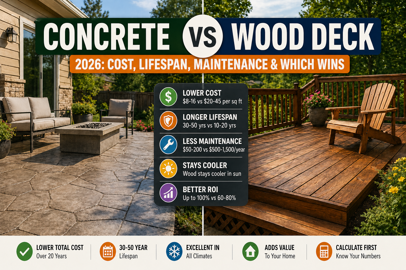 Concrete vs Wood Deck 2026: Cost, Lifespan, Maintenance & Which Wins