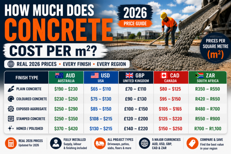 How Much Does Concrete Cost Per m2? 2026 Price Guide (AUD, USD, GBP, CAD)