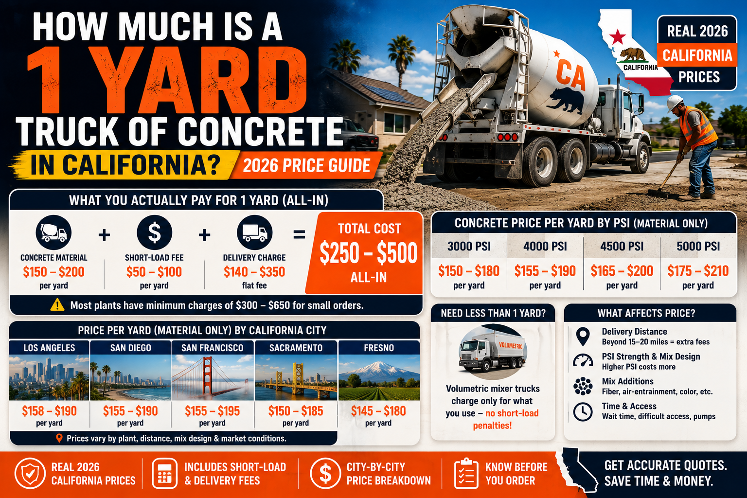 How Much Is a 1 Yard Truck of Concrete in California? 2026 Price Guide