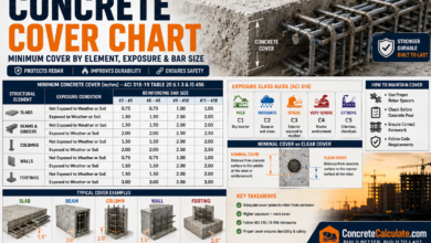 Concrete cover chart showing minimum rebar cover requirements for slabs, beams, columns, walls, and footings based on ACI 318-19 and IS 456, including exposure classes, nominal vs clear cover, and typical reinforcement cover examples.