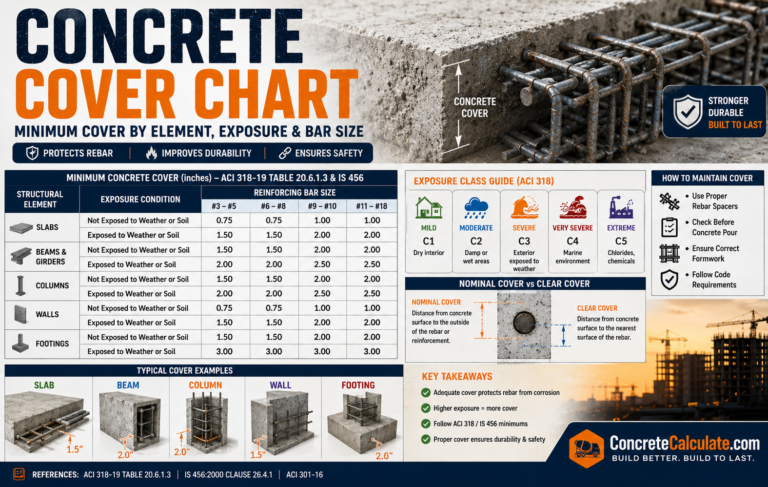 Concrete cover chart showing minimum rebar cover requirements for slabs, beams, columns, walls, and footings based on ACI 318-19 and IS 456, including exposure classes, nominal vs clear cover, and typical reinforcement cover examples.