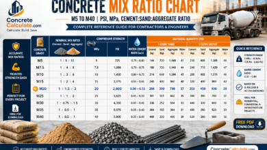 Concrete Mix Ratio Chart M5 to M40 – Cement Sand Aggregate Ratio, PSI & MPa