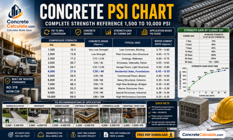 Concrete PSI Chart 2026: Complete Strength Reference – 1,500 to 10,000 PSI