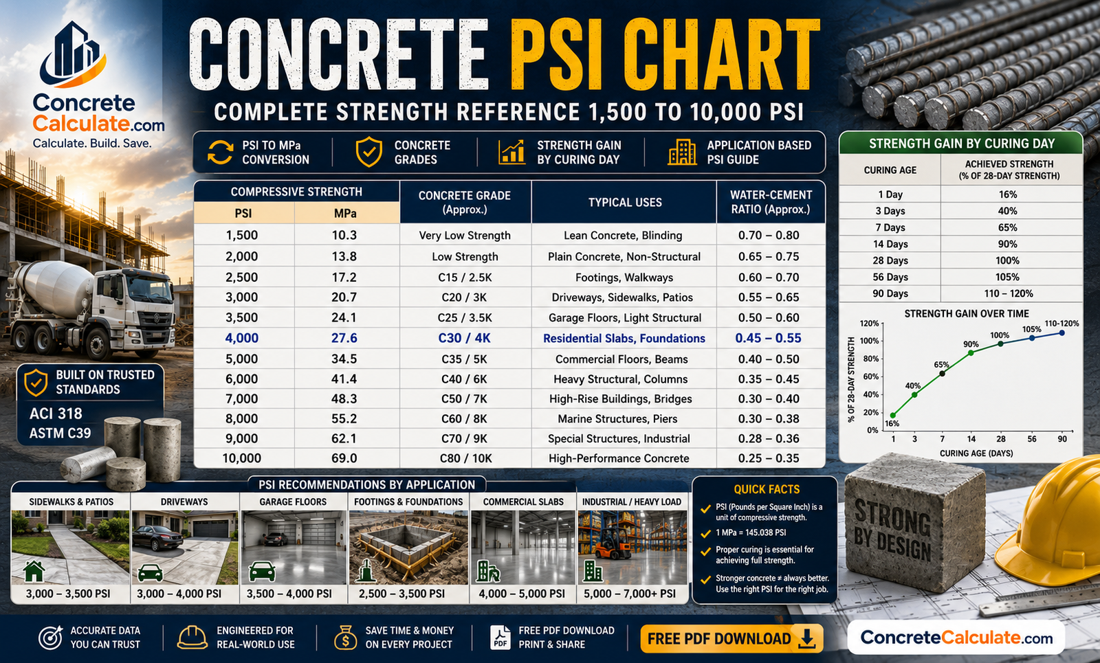 Concrete PSI Chart 2026: Complete Strength Reference – 1,500 to 10,000 PSI