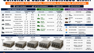 Concrete slab thickness chart showing recommended slab thickness for sidewalks, patios, garages, driveways, commercial and industrial floors, with vehicle load capacity, soil type, climate adjustments, reinforcement guidelines, and slab cross-section examples.