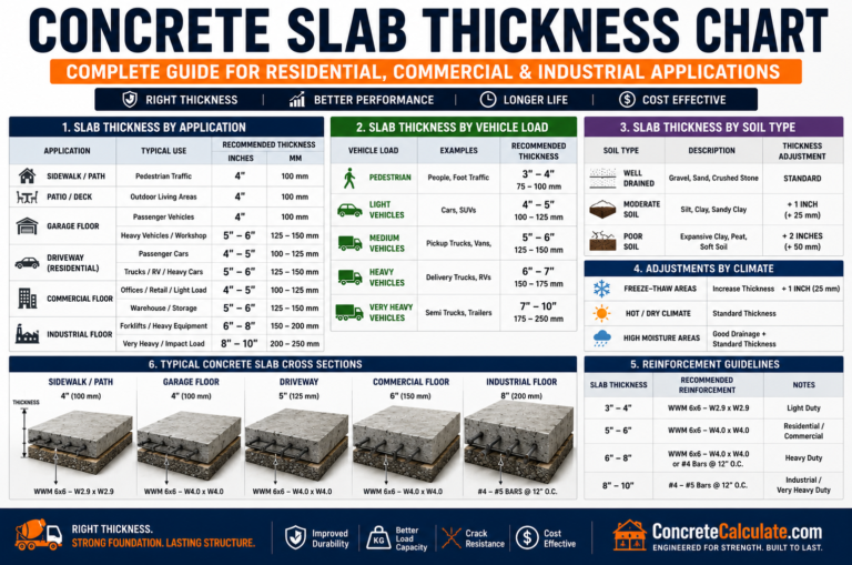 Concrete slab thickness chart showing recommended slab thickness for sidewalks, patios, garages, driveways, commercial and industrial floors, with vehicle load capacity, soil type, climate adjustments, reinforcement guidelines, and slab cross-section examples.