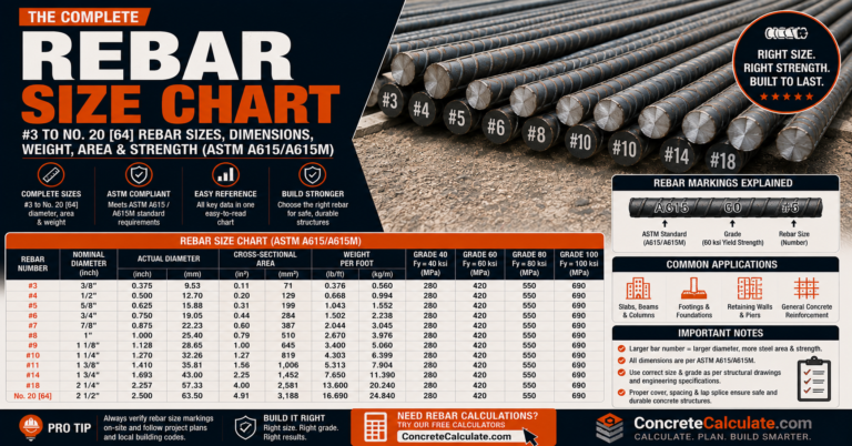 Rebar Size Chart - Complete #3 to No. 20 [64] Diameter, Area & Grade Reference
