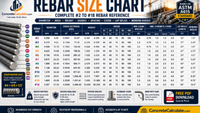 Rebar Size Chart Complete #2 to #18 Diameter, Area & Grade Reference