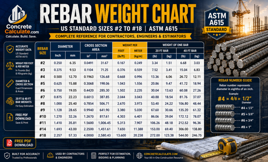 Rebar Weight Chart 2026: US Standard Sizes #2 – #18