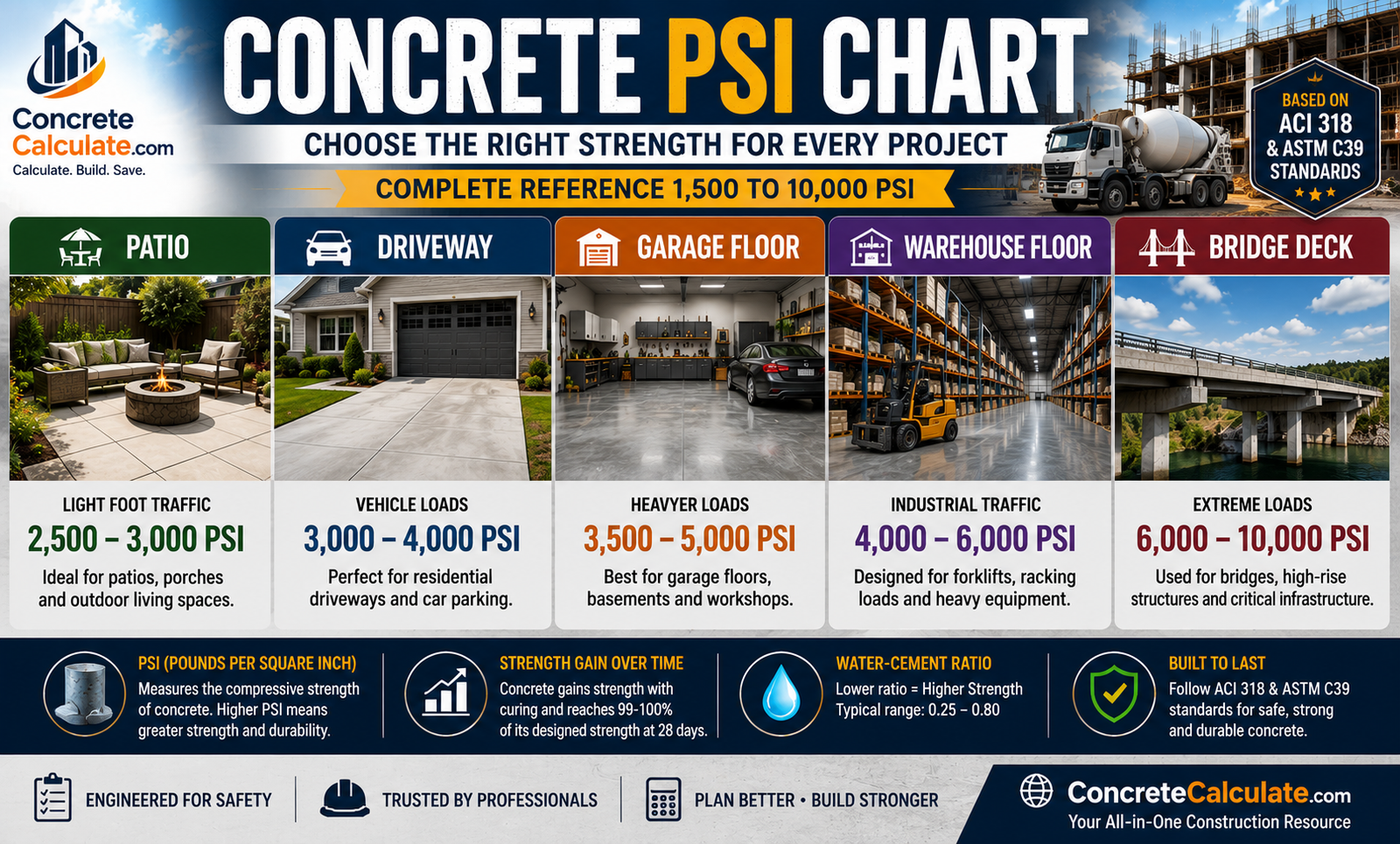 Comparison of a patio, driveway, garage floor, warehouse, and bridge deck with PSI ranges